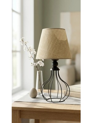Decodelight Siyah Ferforje Armut Model Metal Ayaklı Hazran Bambu Kumaş Başlıklı Abajur Masa Lambası