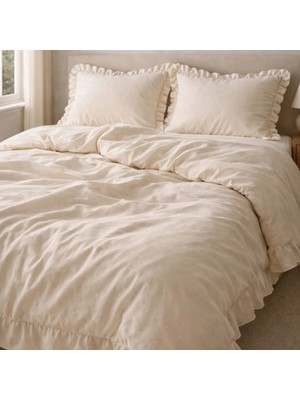 Garden Room Tek Kişilik Naturel %100 pamuk nevresim seti - Ekru Fırfırlı