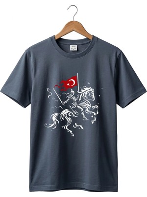 Widi Unisex Ay Yıldız Türk Bayraklı Atlı Savaşçı Tasarım Baskılı %100 Pamuk Bisiklet Yaka Basic T-Shirt