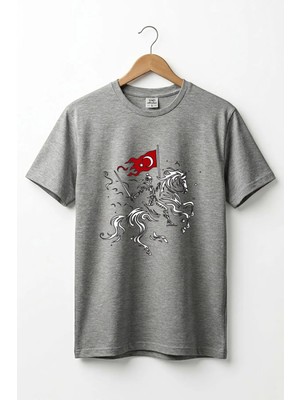 Widi Unisex Ay Yıldız Türk Bayraklı Atlı Savaşçı Tasarım Baskılı %100 Pamuk Bisiklet Yaka Basic T-Shirt