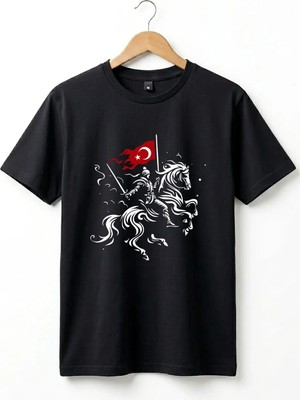 Widi Unisex Ay Yıldız Türk Bayraklı Atlı Savaşçı Tasarım Baskılı %100 Pamuk Bisiklet Yaka Basic T-Shirt