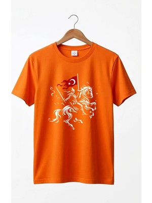 Widi Unisex Ay Yıldız Türk Bayraklı Atlı Savaşçı Tasarım Baskılı %100 Pamuk Bisiklet Yaka Basic T-Shirt