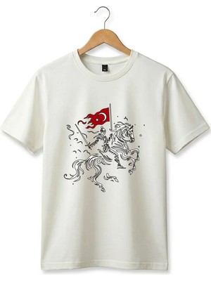 Widi Unisex Ay Yıldız Türk Bayraklı Atlı Savaşçı Tasarım Baskılı %100 Pamuk Bisiklet Yaka Basic T-Shirt