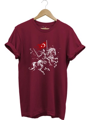 Widi Unisex Ay Yıldız Türk Bayraklı Atlı Savaşçı Tasarım Baskılı %100 Pamuk Bisiklet Yaka Basic T-Shirt