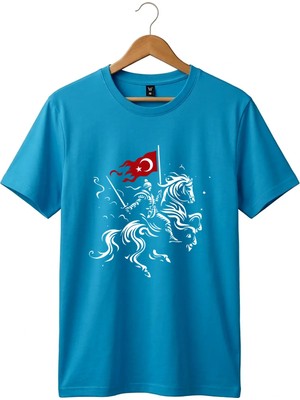 Widi Unisex Ay Yıldız Türk Bayraklı Atlı Savaşçı Tasarım Baskılı %100 Pamuk Bisiklet Yaka Basic T-Shirt