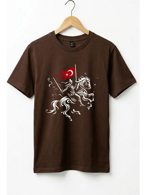 Widi Unisex Ay Yıldız Türk Bayraklı Atlı Savaşçı Tasarım Baskılı %100 Pamuk Bisiklet Yaka Basic T-Shirt