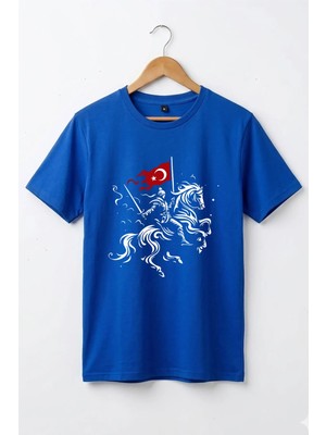 Widi Unisex Ay Yıldız Türk Bayraklı Atlı Savaşçı Tasarım Baskılı %100 Pamuk Bisiklet Yaka Basic T-Shirt