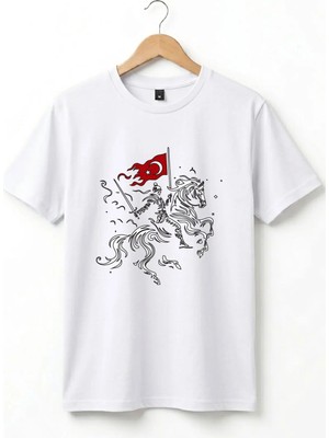 Widi Unisex Ay Yıldız Türk Bayraklı Atlı Savaşçı Tasarım Baskılı %100 Pamuk Bisiklet Yaka Basic T-Shirt