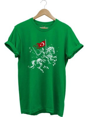 Widi Unisex Ay Yıldız Türk Bayraklı Atlı Savaşçı Tasarım Baskılı %100 Pamuk Bisiklet Yaka Basic T-Shirt