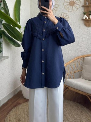 Modamorfo Güpür Püsküllü Ham Cupra Balon Kol Gömlek -Indigo