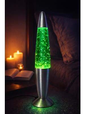 MiraLive Lav Lambası 34,5 cm – Yeşil Yıldız Simli  Atmosfer Işığı, Dekoratif Gece Lambası, Konsept Lamba