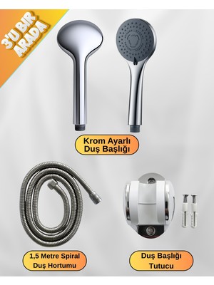 ALMITAL Setti Docia Supor Krom Duş Seti, 5 Kademe Ayarlı Başlık, Mafsal, Spiral Hortum