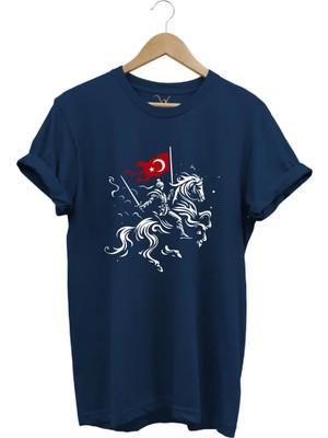 Widi Unisex Ay Yıldız Türk Bayraklı Atlı Savaşçı Tasarım Baskılı %100 Pamuk Bisiklet Yaka Basic T-Shirt