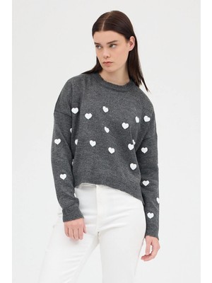 Rays Antrasit Kalp Nakışlı Bisiklet Yaka Crop Kazak 2337