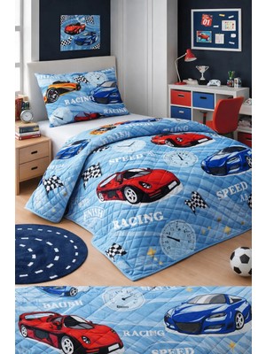 Mislina Home Erkek Çocuk Genç Pike Yatak Örtüsü Takımı Araba Desen Kapitone Pamuklu 4 Mevsim |çarşafsız 160X230