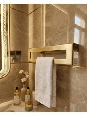 Dersel Dekor Modern Düzenleyici Mutfak Duvar Kapalı Raflı Havlu Askılığı Metal Banyo Rafı ve Havluluk Gold