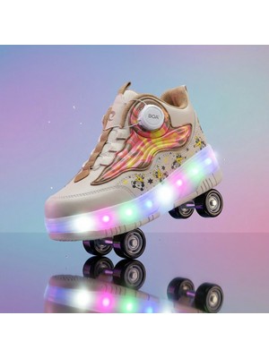 BURUNİ Çocuk Patenli Ayakkabı Işıklı LED Tekerlekli Ortopedik Spor Ayakkabı Bejxkahve