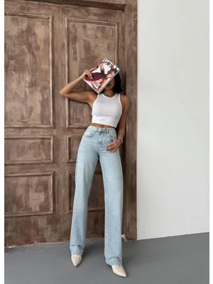 Zeo Basic Kadın Straight Yüksek Bel Boru Paça Kot Pantolon Buz Mavi