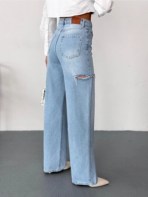 Zeo Basic Kadın Açık Mavi Baggy Jean Yüksek Bel Kot Pantolon Denim Kumaş Yanlardan Lazerli