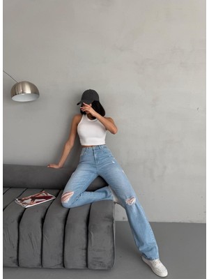 Zeo Basic Kadın Straight Jean Yırtık Detaylı Ara Bel Boru Paça Kot Pantolon Orta Mavi