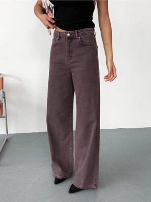 Zeo Basic Kadın Bordo Baggy Jean Yüksek Bel Geniş Paça Kot Pantolon