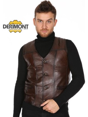 Hakiki Deri Kahverengi Işlemeli Erkek Deri Yelek