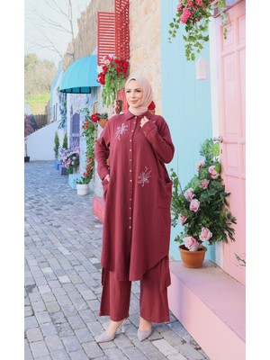 Nisum Moda Üç Çiçekli Pamuk Keten Takım