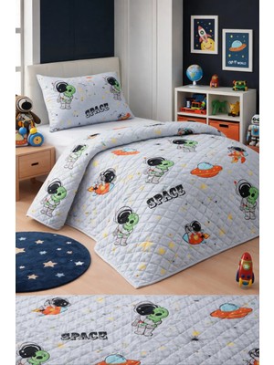 Mislina Home Astronot Çocuk Genç Pike Yatak Örtüsü Takımı Uzay Desen Kapitone Pamuklu 4 Mevsim |çarşafsız 160X230