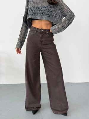 Zeo Basic Kadın Kahverengi Denim Kumaş Baggy Jean Yüksek Bel Geniş Paça Kot Pantolon