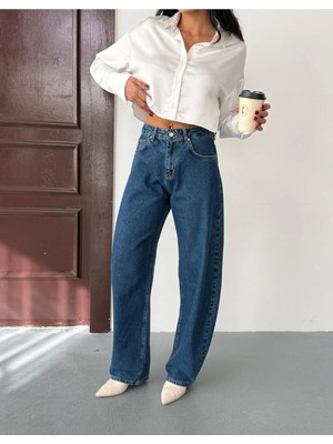 Zeo Basic Kadın Yüksek Bel Balloon Fit Mavi Jean Pantolon Rahat Kalıp