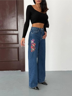 Zeo Basic Kadın Nakış Detaylı Wide-Leg Jean Kot Pantolon