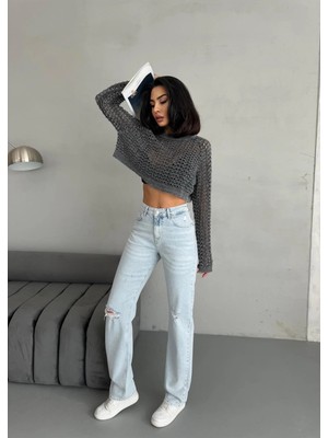 Zeo Basic Kadın Straight Jean Yırtık Detaylı Ara Bel Boru Paça Kot Pantolon Açık Mavi