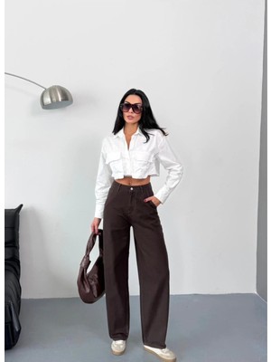 Zeo Basic Kadın Kahverengi Skater Fit Yüksek Bel Geniş Paça Kot Pantolon
