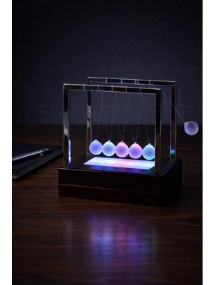 MiraLive Rgb Işıklı Newton Denge Topu – Renkli Şeffaf Denge Topları, Pilli Masaüstü Dekoratif Aksesuar