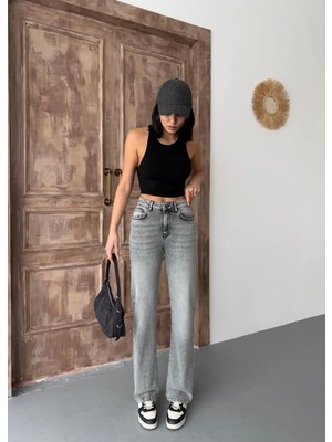 Zeo Basic Kadın Straight Likralı Yüksek Bel Boru Paça Kot Pantolon Orta Füme