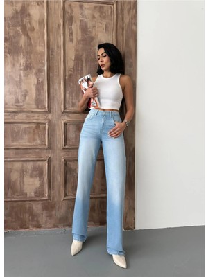 Zeo Basic Kadın Straight Yüksek Bel Boru Paça Kot Pantolon Açık Mavi