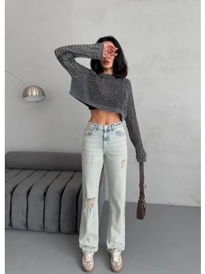 Zeo Basic Kadın Straight Jean Yırtık Detaylı Ara Bel Boru Paça Kot Pantolon Mavi Tint