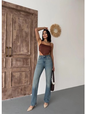 Zeo Basic Kadın Straight Likralı Yüksek Bel Boru Paça Kot Pantolon Mavi Tint