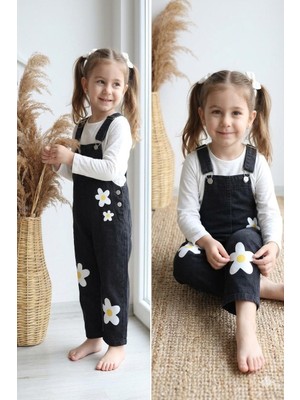 HaanBebe Kız Çocuk Papatya Desenli Siyah Denim Salopet Bahçıvan Pantolon - Antrasit