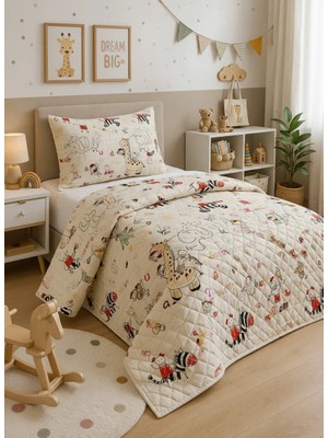 Mislina Home Safari Çocuk Genç Pike Yatak Örtüsü Takımı Hayvan Desen Kapitone Pamuklu 4 Mevsim |çarşafsız 160X230