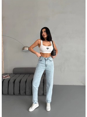 Zeo Basic Ara Beden Blue Snow Wash Lycra Mom Jean