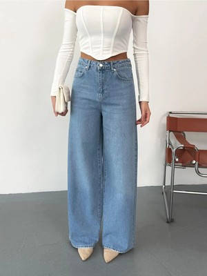 Zeo Basic Kadın Mavi Taşlamalı Baggy Jean Yüksek Bel Geniş Paça Kot Pantolon Siyah