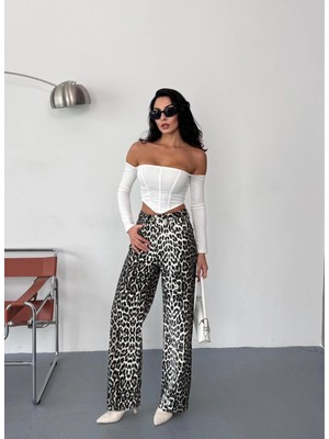 Zeo Basic Kadın Kahve-Beyaz Leopar Desenli Wide-Leg Yüksek Bel Kot Pantolon Denim Kumaş