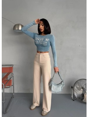 Zeo Basic Bej Denım Kumaş Wide-Leg Pantolon