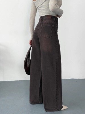 Zeo Basic Kadın Kahverengi Taşlamalı Baggy Jean Yüksek Bel Geniş Paça Kot Pantolon