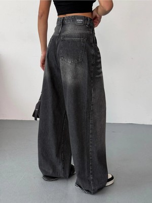 Zeo Basic Kadın Extra Baggy Jean Yüksek Bel Salaş Pantolon Siyah Taşlamalı