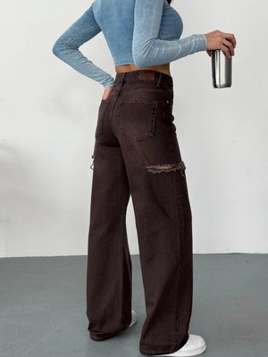 Zeo Basic Kadın Kahverengi Taşlamalı Baggy Jean Yüksek Bel Kot Pantolon Denim Kumaş Yanlardan Lazerli