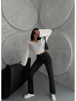 Zeo Basic Kadın Straight Jean Yırtık Detaylı Ara Bel Boru Paça Kot Pantolon Füme