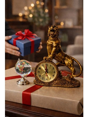 MiraLive 2'li Masa Üstü Seti Aslan Figürlü Masa Saati ve Dünya Küreli Dekoratif 2’li Ofis & Salon Seti