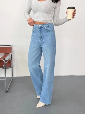 Zeo Basic Kadın Mavi Taşlamalı Wide-Leg Jean Yüksek Bel Geniş Paça Kot Pantolon